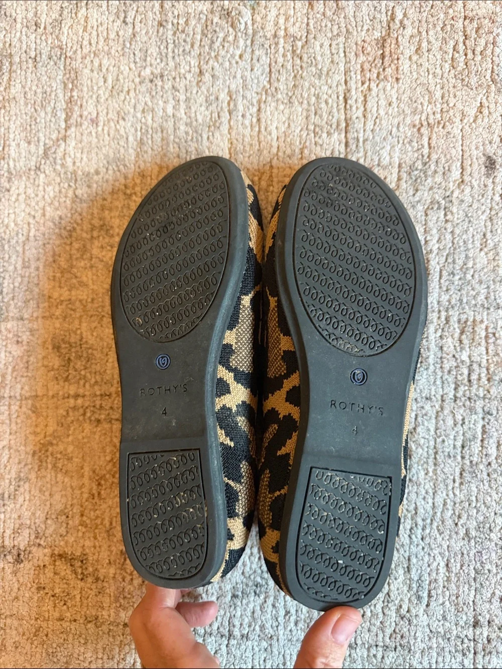 Rothy's Kids Leopard Print Mary Jane Flats in Tan and Black with Blue Trim